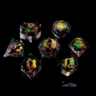 Death Dragon Eye Beholder's Eye Liquid Dice Set - Magical The Gathering Polyhedral RPG D&D Dice, D20 D12 D10 D8 D6 D4, Liquid Core Resin, Sharp Edges, Ultimate DND Gifts - Fangool (Black)